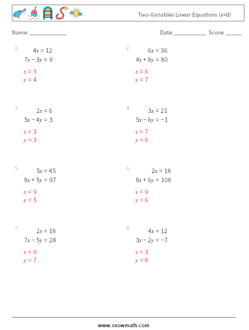 Two-Variables Linear Equations (x=d) Maths Worksheets 6 Question, Answer