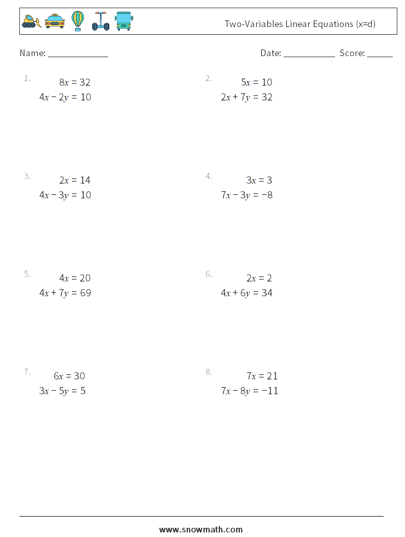 Two-Variables Linear Equations (x=d) Maths Worksheets 7