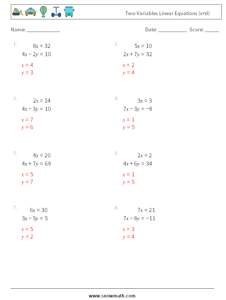 Two-Variables Linear Equations (x=d) Maths Worksheets 7 Question, Answer
