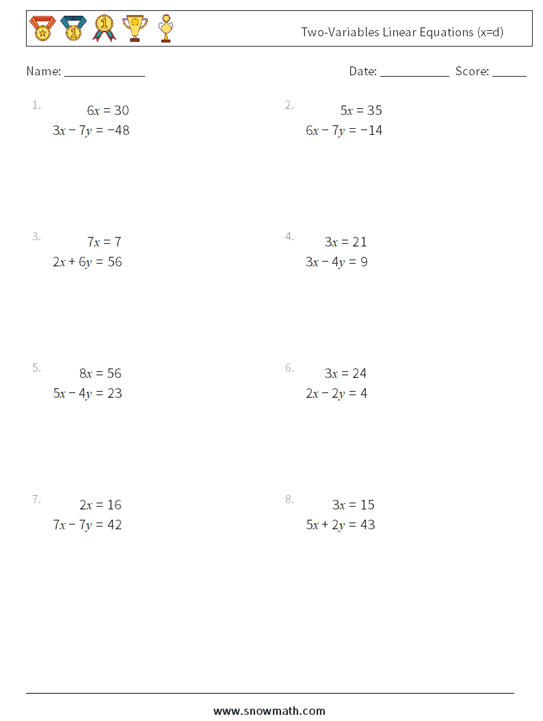 Two-Variables Linear Equations (x=d) Maths Worksheets 8
