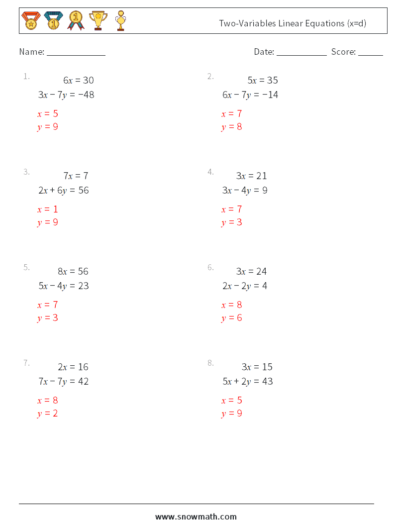 Two-Variables Linear Equations (x=d) Maths Worksheets 8 Question, Answer