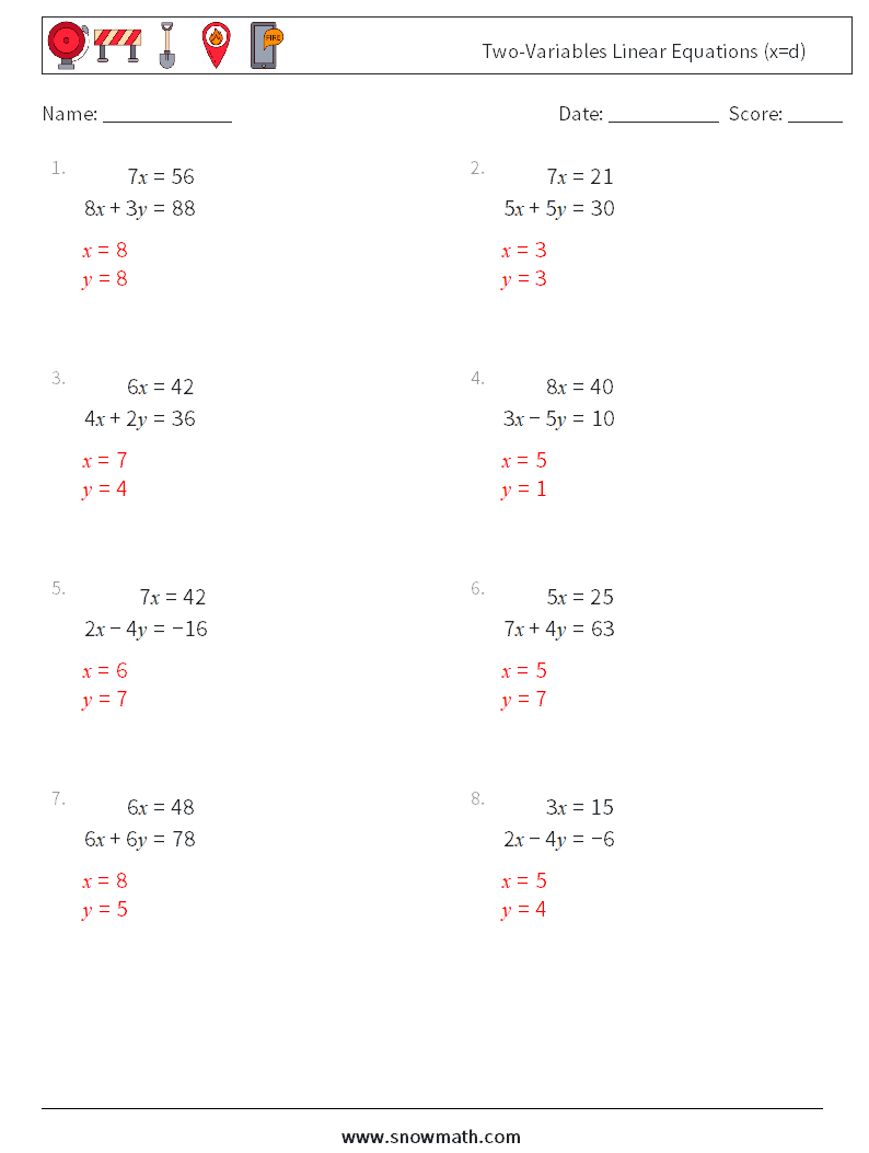 Two-Variables Linear Equations (x=d) Maths Worksheets 9 Question, Answer