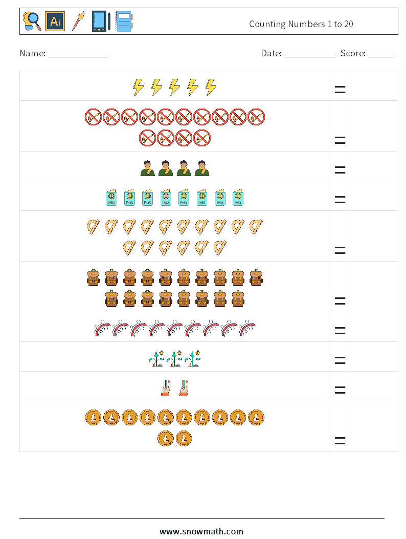 Counting Numbers 1 to 20 Maths Worksheets 10