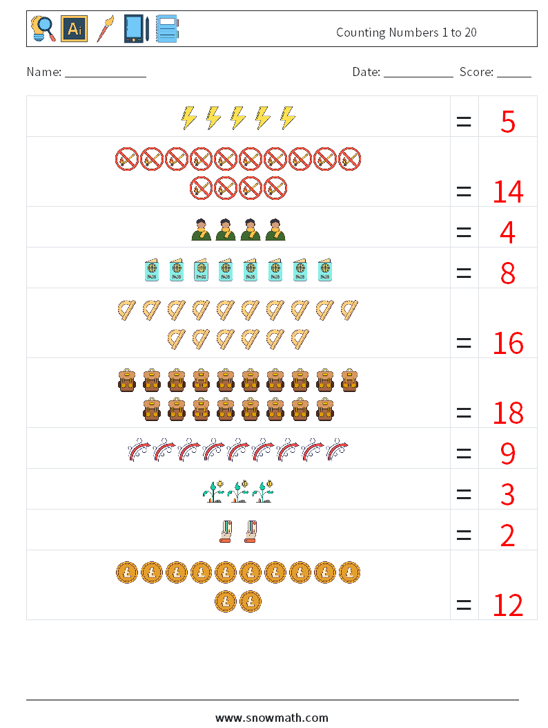 Counting Numbers 1 to 20 Maths Worksheets 10 Question, Answer