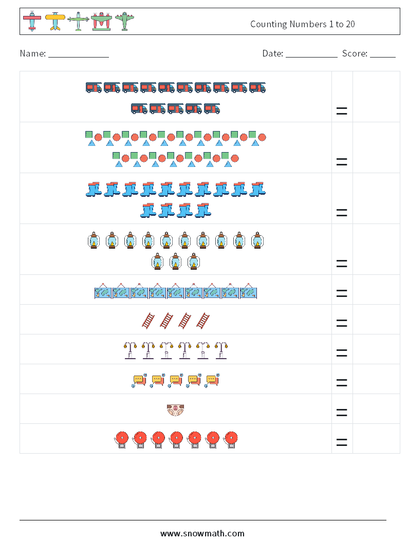 Counting Numbers 1 to 20 Maths Worksheets 12