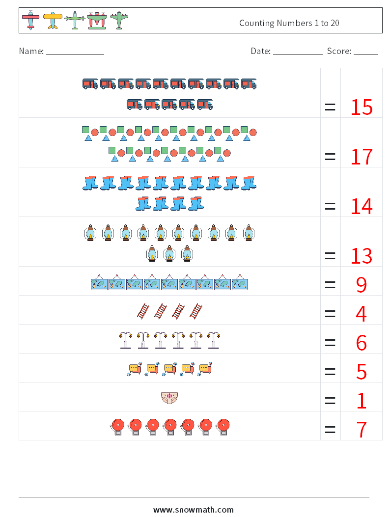 Counting Numbers 1 to 20 Maths Worksheets 12 Question, Answer