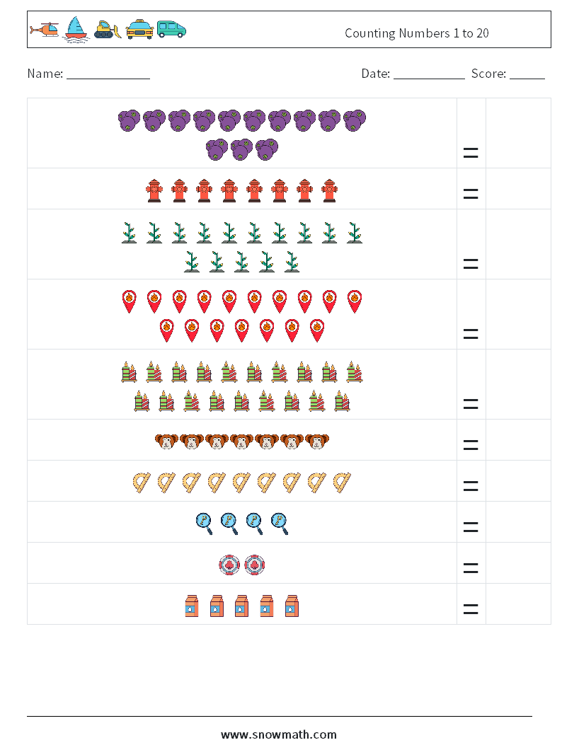 Counting Numbers 1 to 20 Maths Worksheets 14