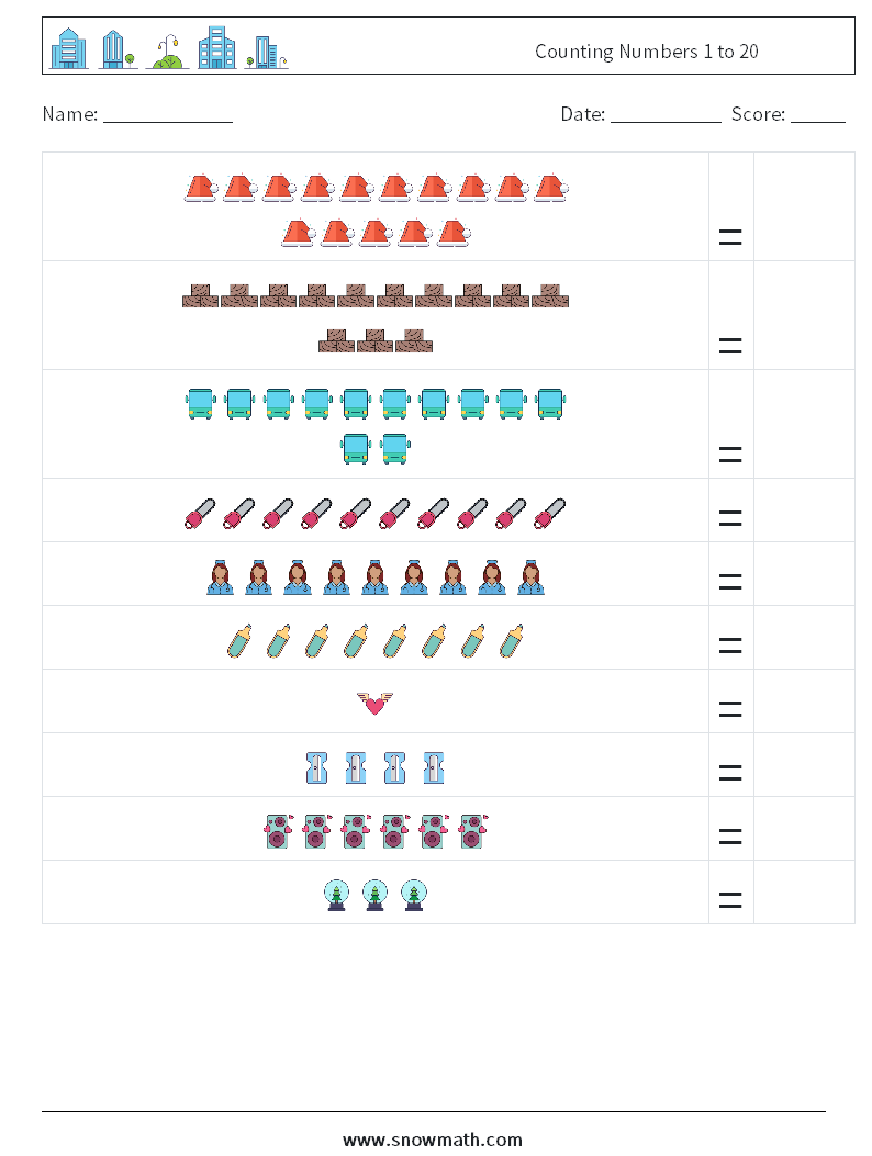 Counting Numbers 1 to 20 Maths Worksheets 16