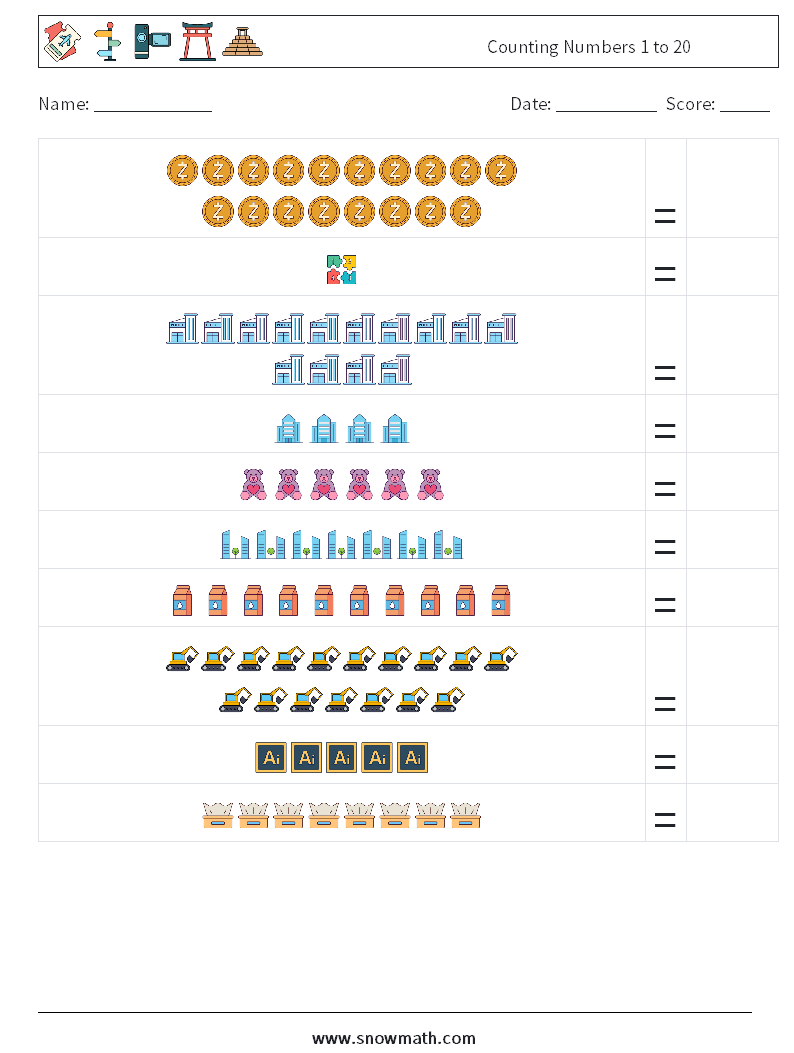 Counting Numbers 1 to 20 Maths Worksheets 18