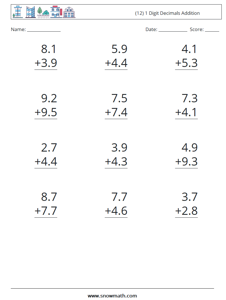 (12) 1 Digit Decimals Addition Maths Worksheets 10