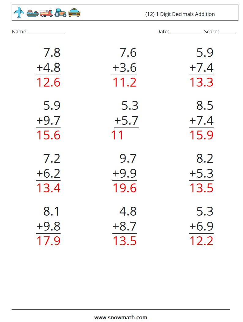 (12) 1 Digit Decimals Addition Maths Worksheets 16 Question, Answer