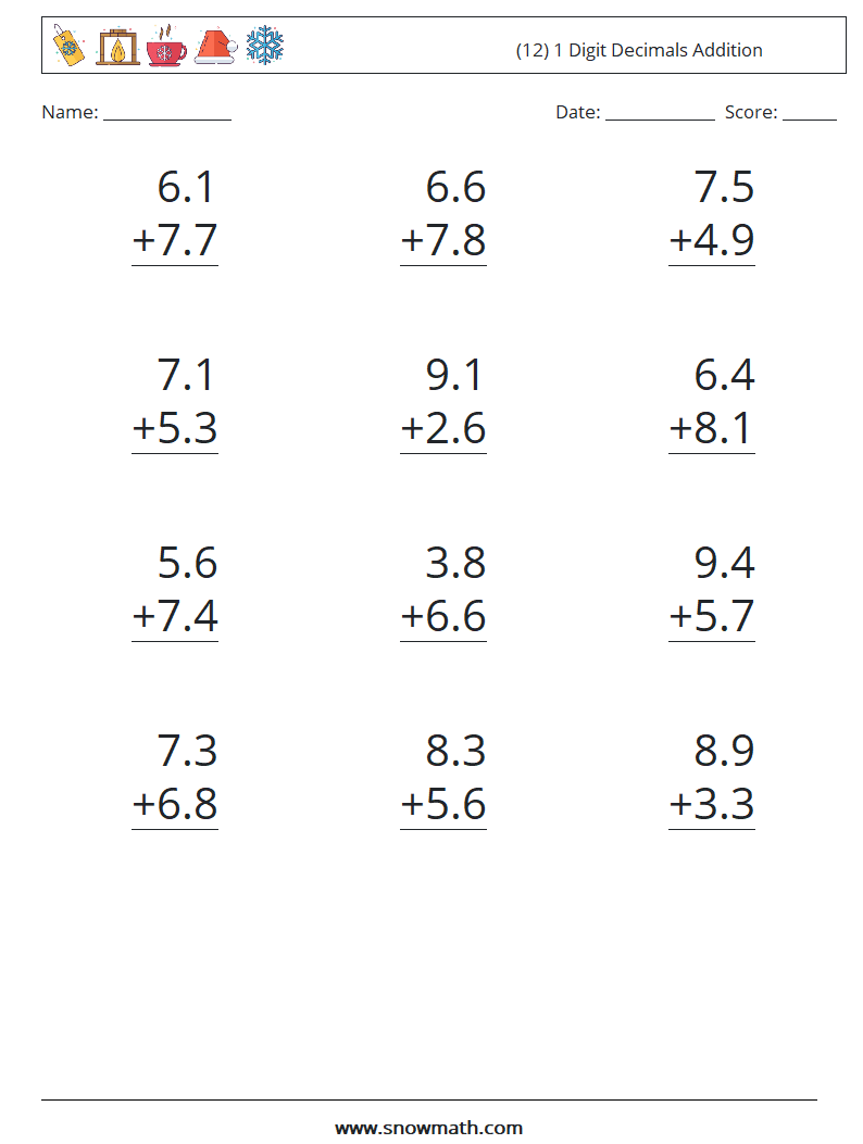 (12) 1 Digit Decimals Addition Maths Worksheets 18