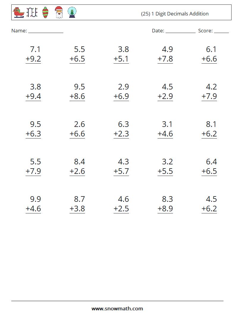 (25) 1 Digit Decimals Addition Maths Worksheets 11