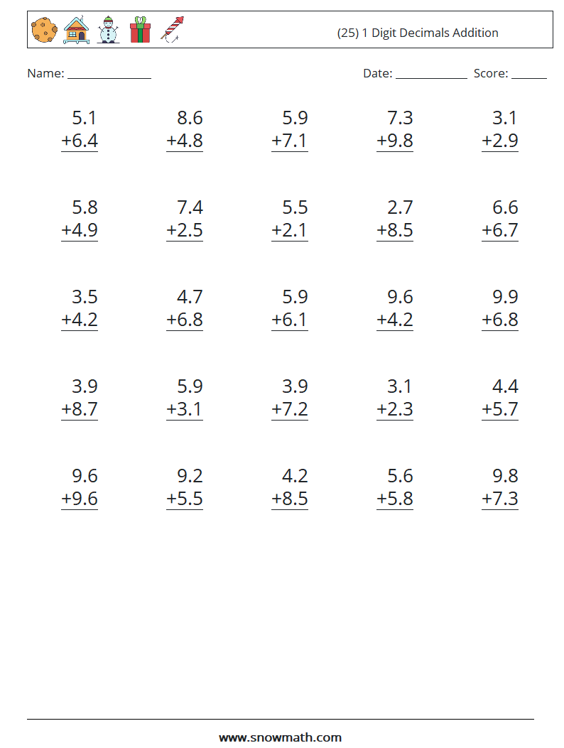 (25) 1 Digit Decimals Addition Maths Worksheets 12