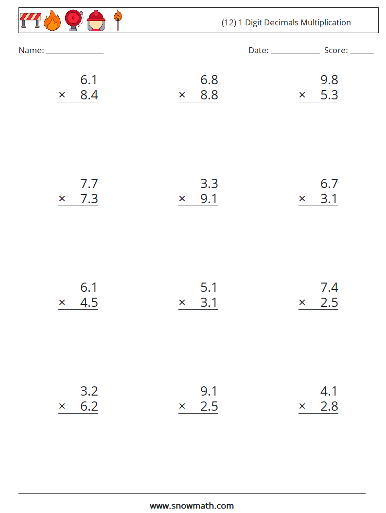 (12) 1 Digit Decimals Multiplication Maths Worksheets 1