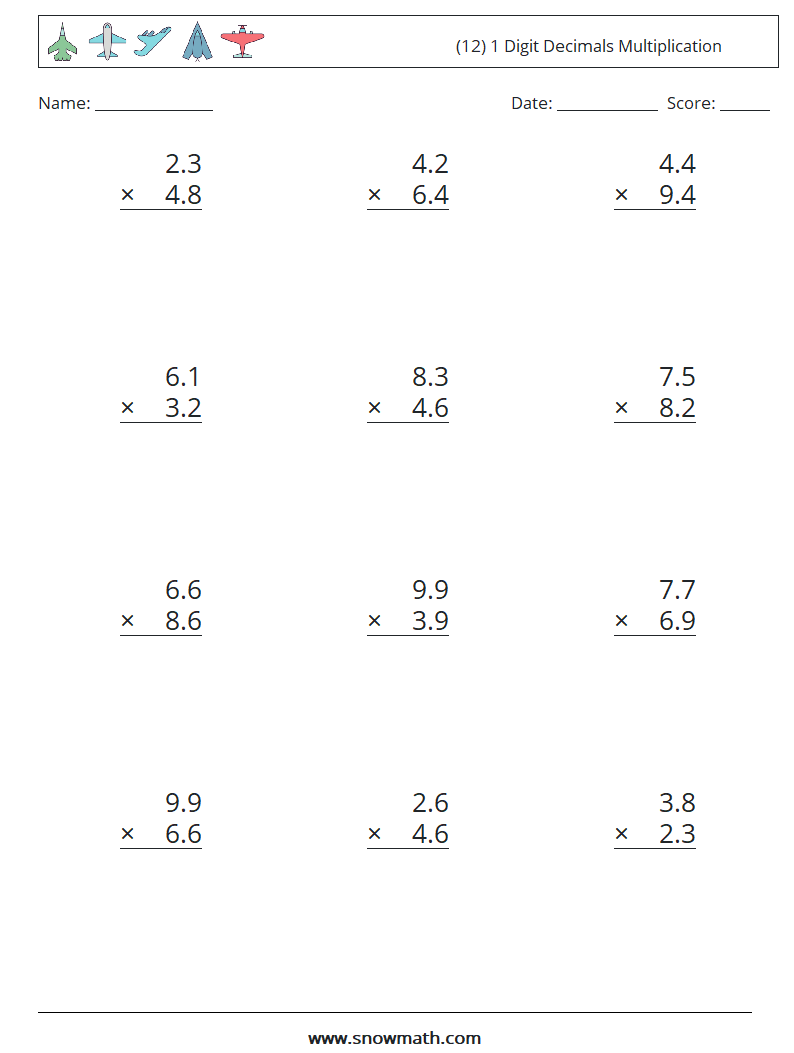 (12) 1 Digit Decimals Multiplication Maths Worksheets 14