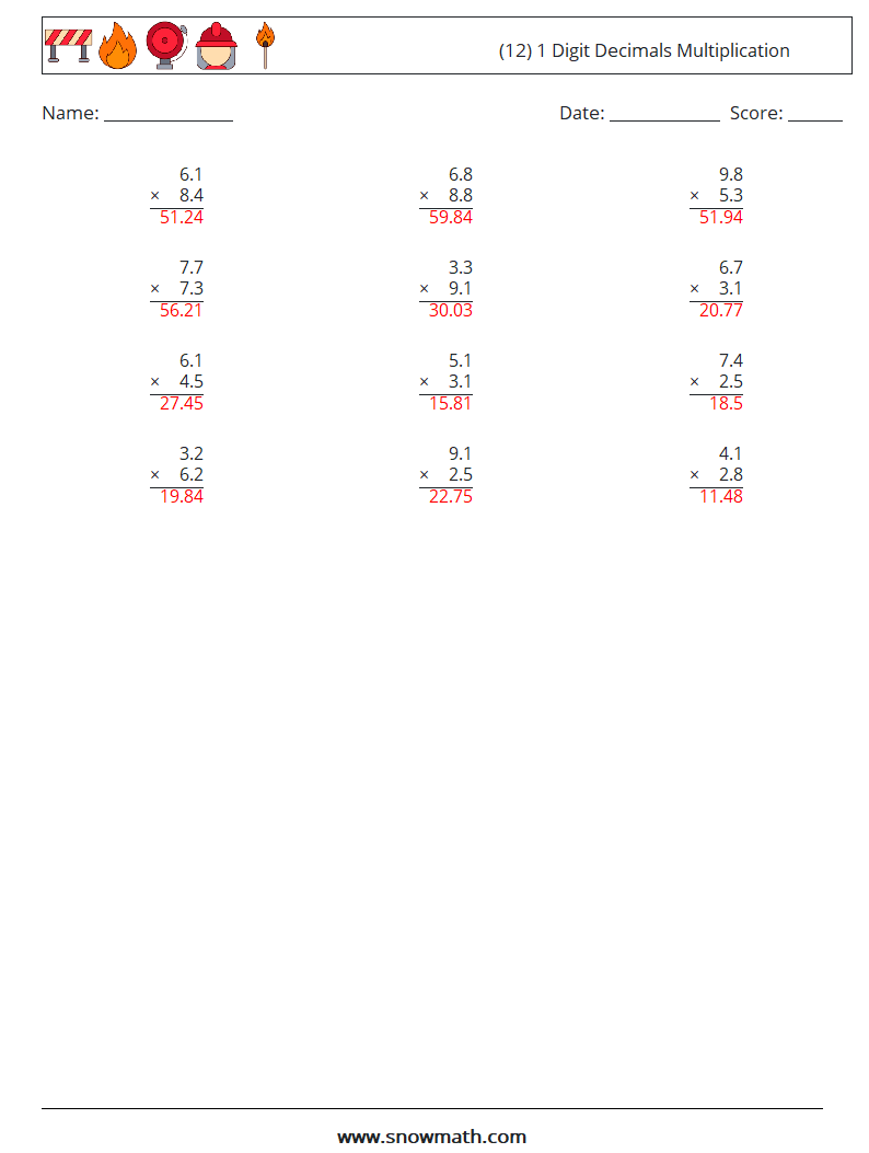 (12) 1 Digit Decimals Multiplication Maths Worksheets 1 Question, Answer