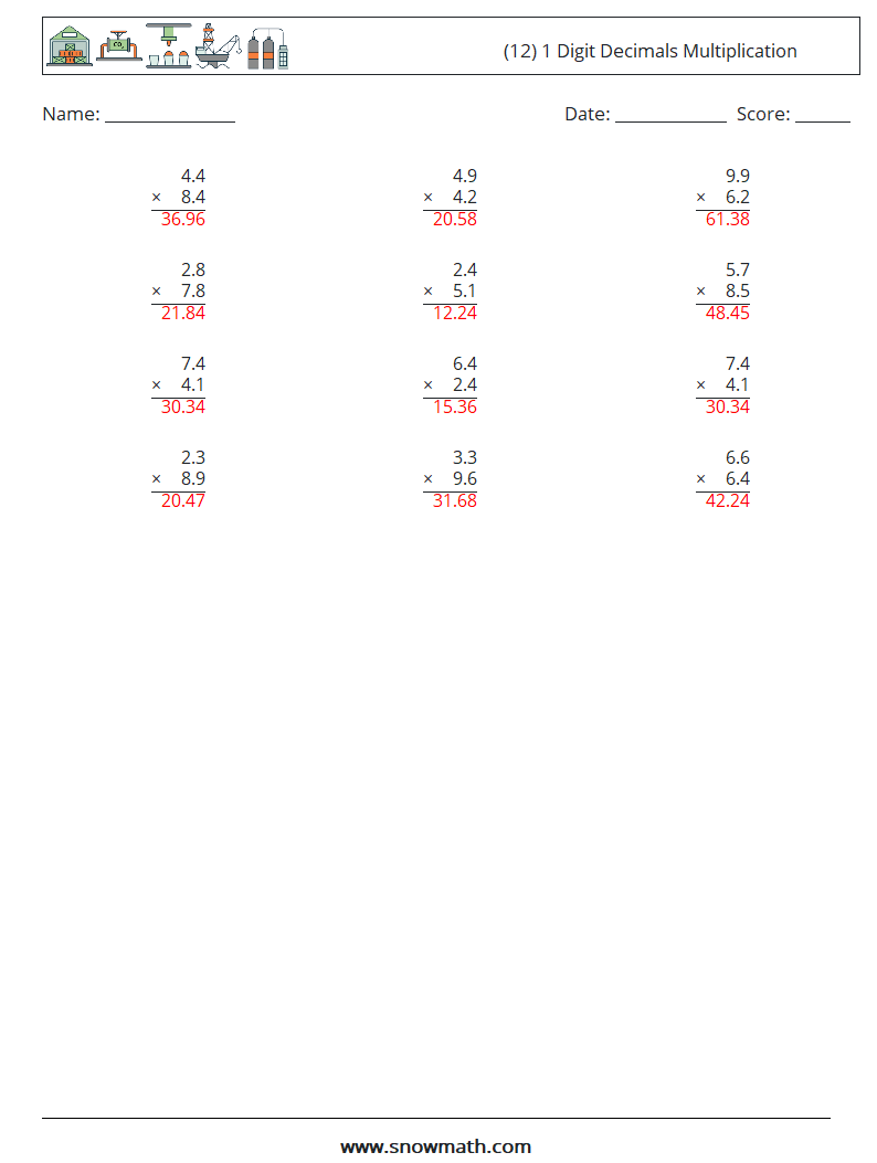 (12) 1 Digit Decimals Multiplication Maths Worksheets 2 Question, Answer