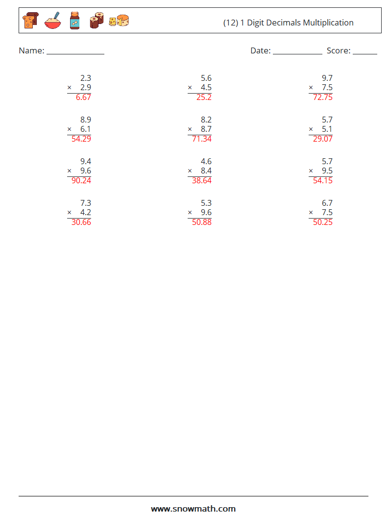 (12) 1 Digit Decimals Multiplication Maths Worksheets 3 Question, Answer