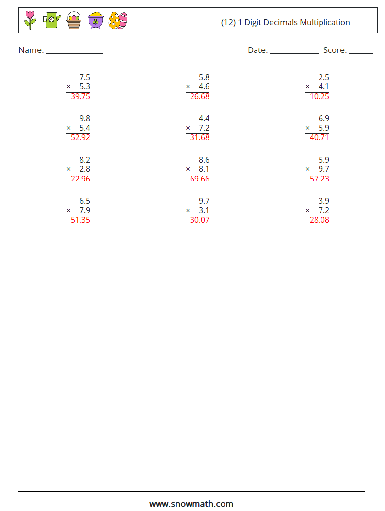 (12) 1 Digit Decimals Multiplication Maths Worksheets 4 Question, Answer