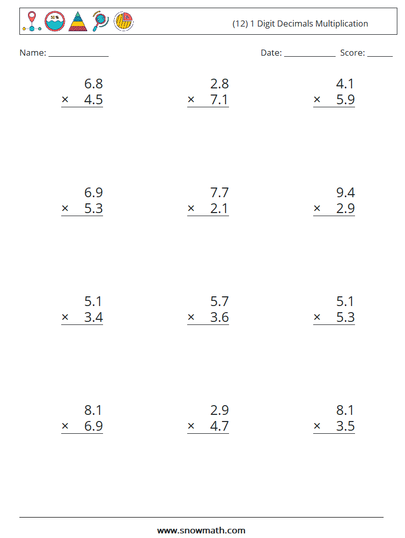 (12) 1 Digit Decimals Multiplication Maths Worksheets 5