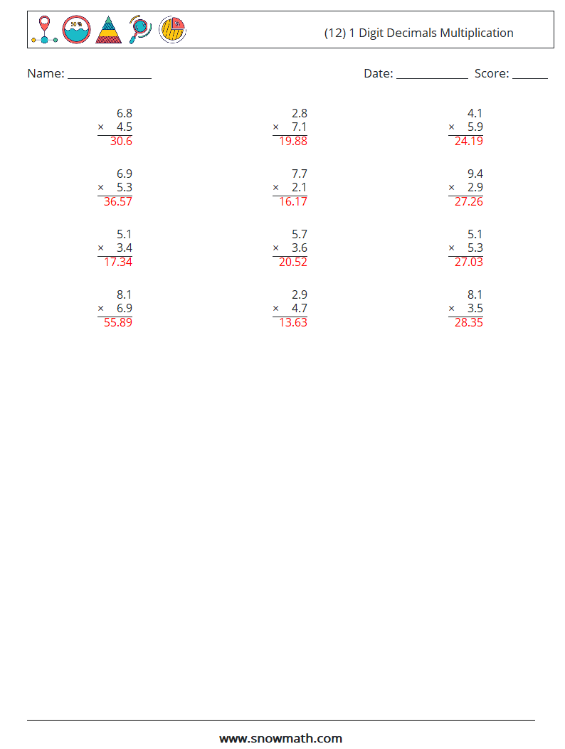 (12) 1 Digit Decimals Multiplication Maths Worksheets 5 Question, Answer