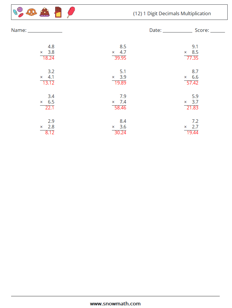 (12) 1 Digit Decimals Multiplication Maths Worksheets 6 Question, Answer