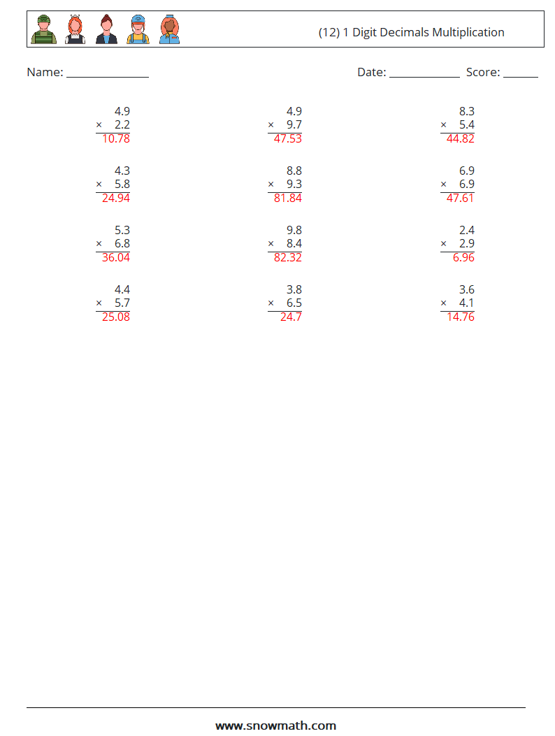 (12) 1 Digit Decimals Multiplication Maths Worksheets 7 Question, Answer