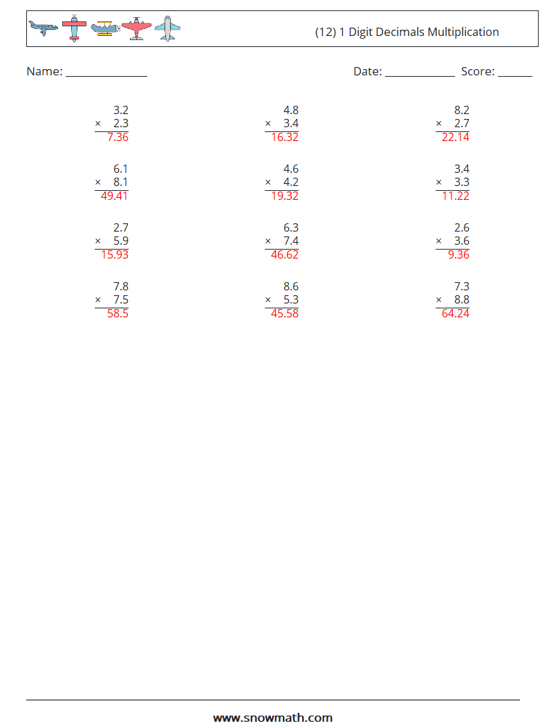 (12) 1 Digit Decimals Multiplication Maths Worksheets 8 Question, Answer