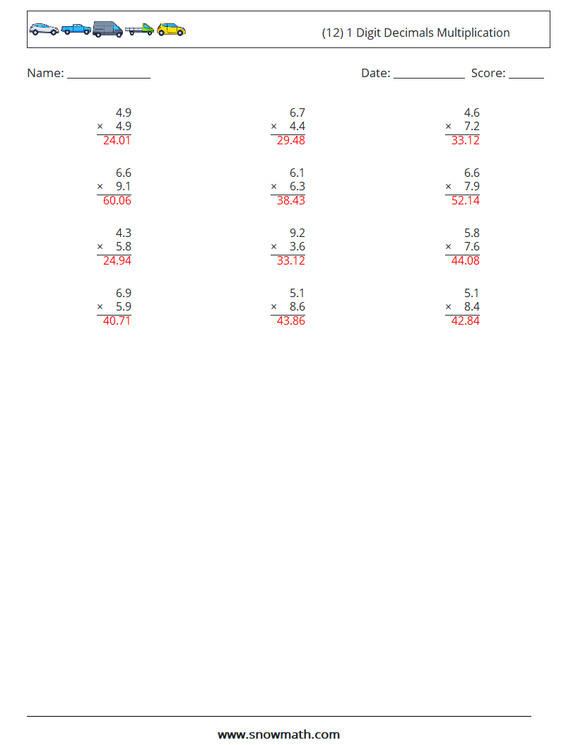(12) 1 Digit Decimals Multiplication Maths Worksheets 9 Question, Answer