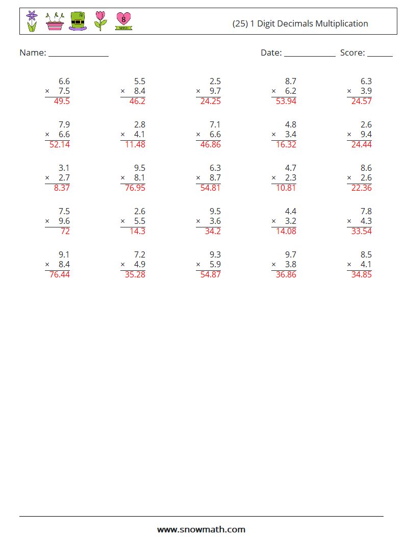 (25) 1 Digit Decimals Multiplication Maths Worksheets 10 Question, Answer