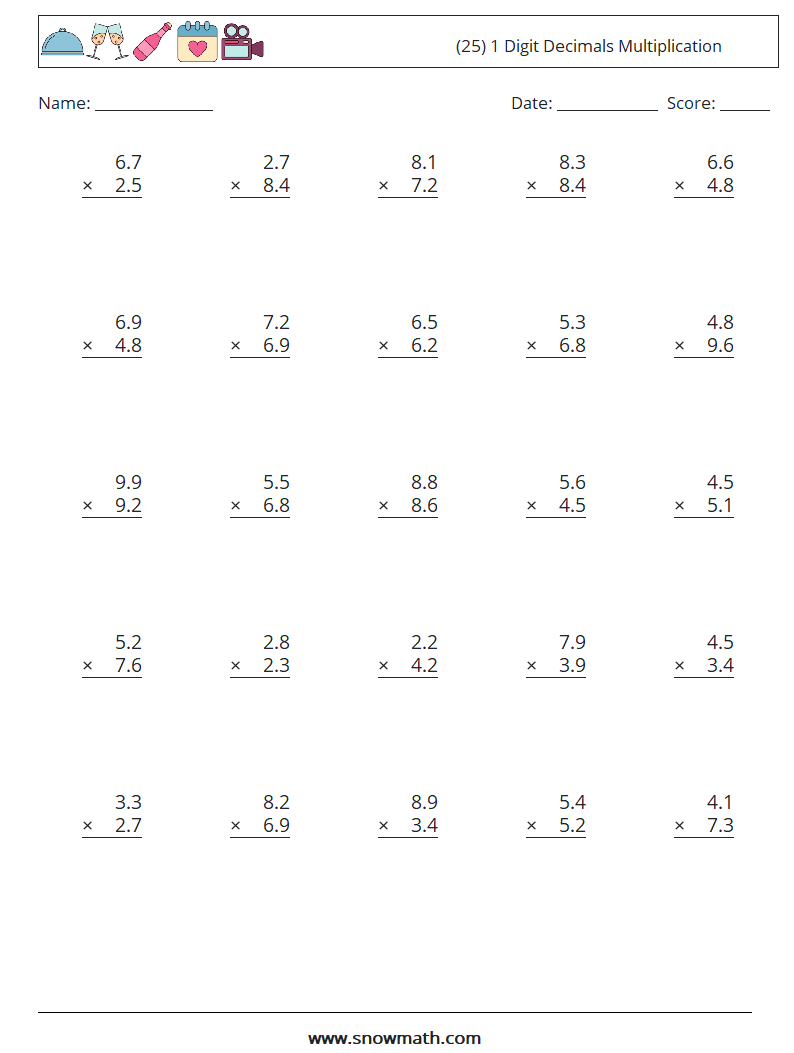(25) 1 Digit Decimals Multiplication Maths Worksheets 11