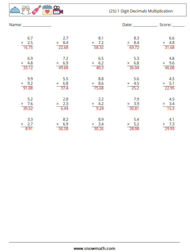 (25) 1 Digit Decimals Multiplication Maths Worksheets 11 Question, Answer