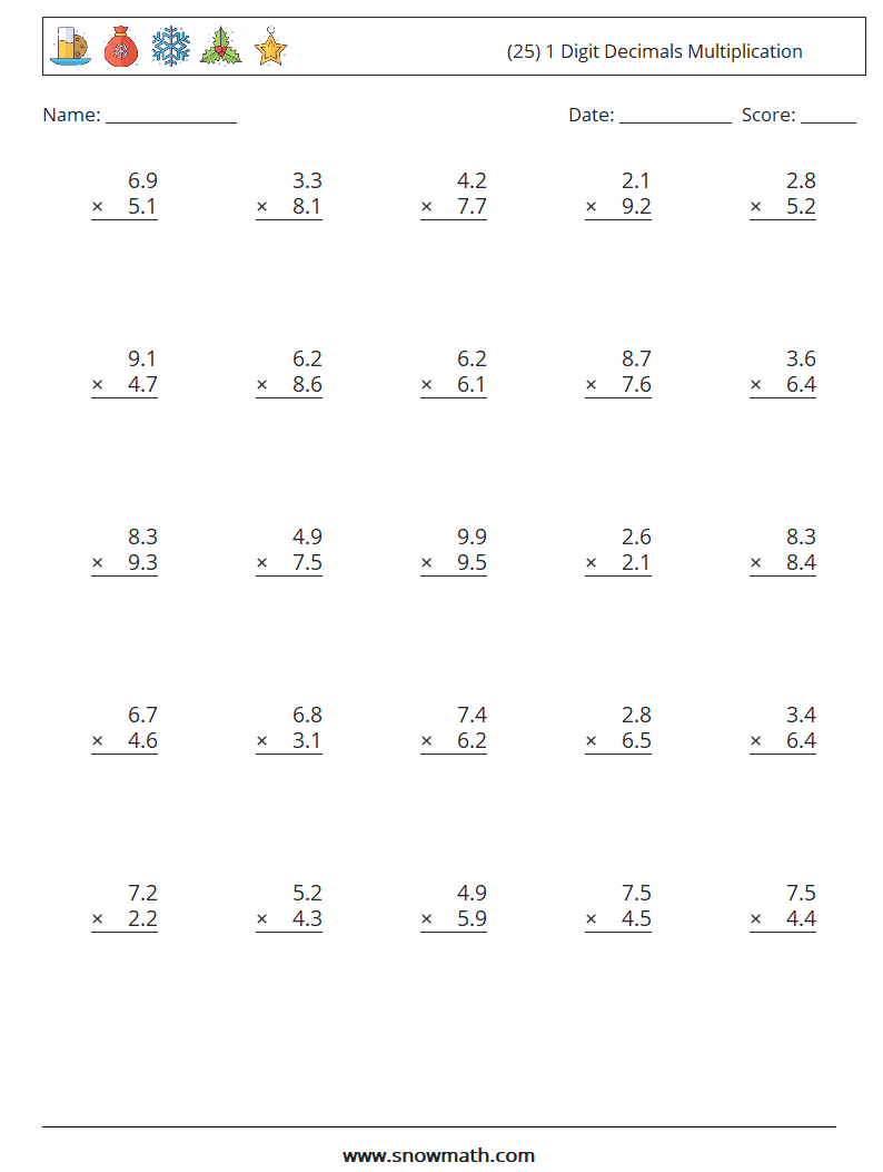 (25) 1 Digit Decimals Multiplication Maths Worksheets 12