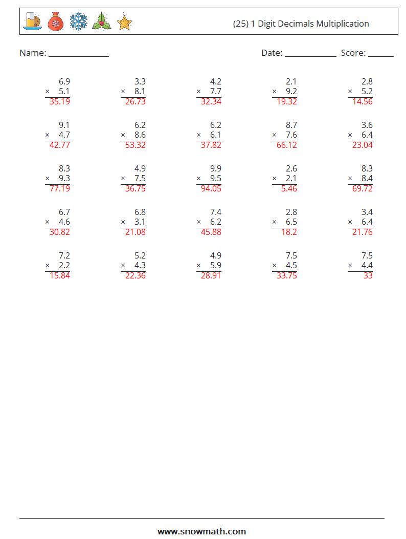 (25) 1 Digit Decimals Multiplication Maths Worksheets 12 Question, Answer