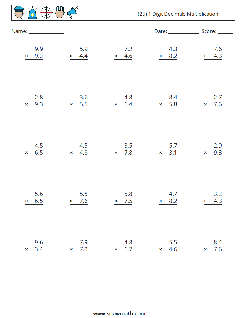 (25) 1 Digit Decimals Multiplication Maths Worksheets 13