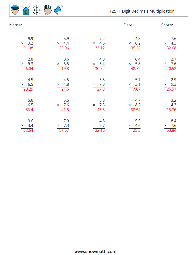 (25) 1 Digit Decimals Multiplication Maths Worksheets 13 Question, Answer