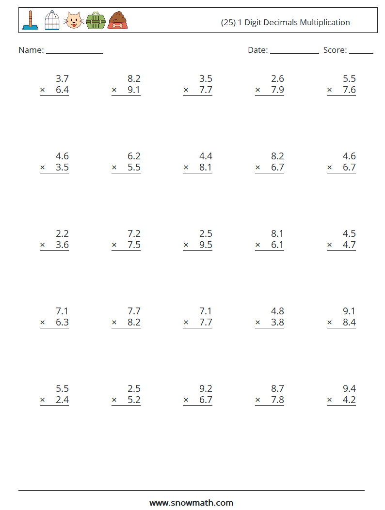 (25) 1 Digit Decimals Multiplication Maths Worksheets 14