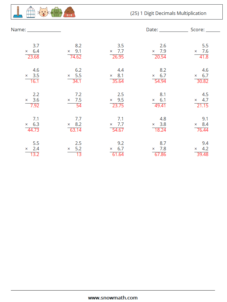(25) 1 Digit Decimals Multiplication Maths Worksheets 14 Question, Answer