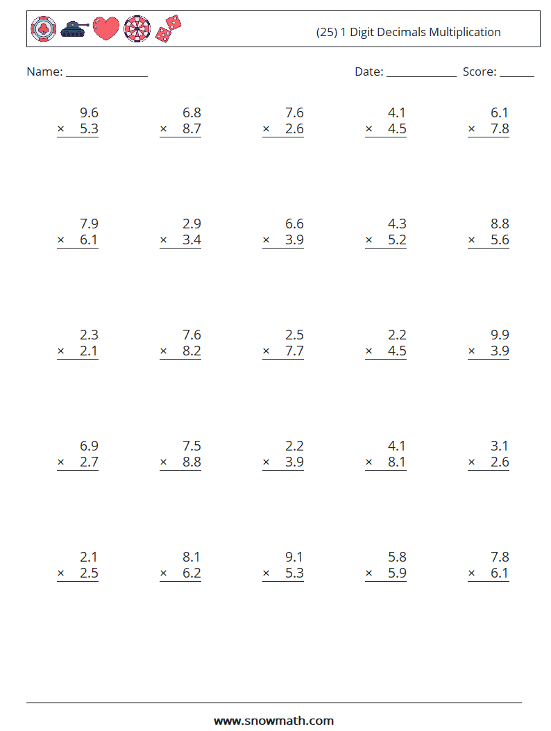 (25) 1 Digit Decimals Multiplication Maths Worksheets 15