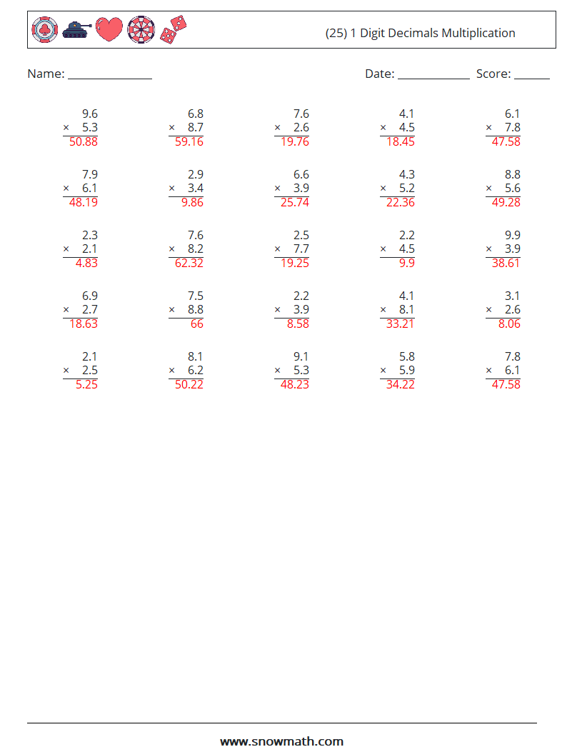 (25) 1 Digit Decimals Multiplication Maths Worksheets 15 Question, Answer