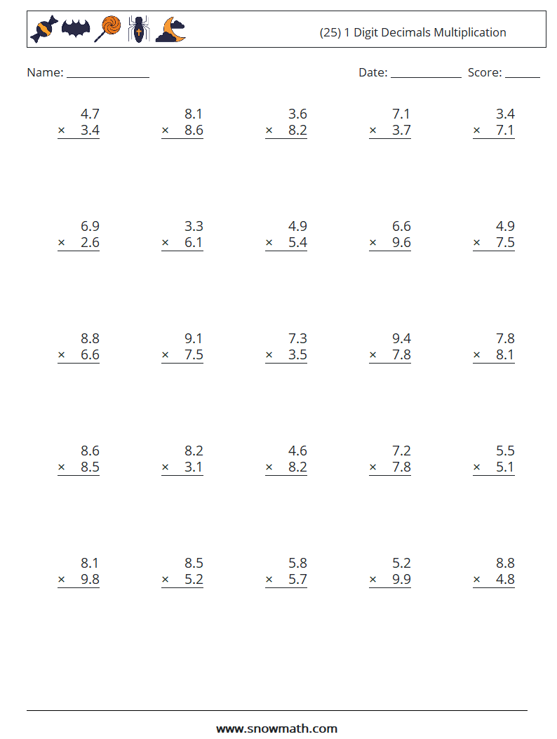 (25) 1 Digit Decimals Multiplication Maths Worksheets 16