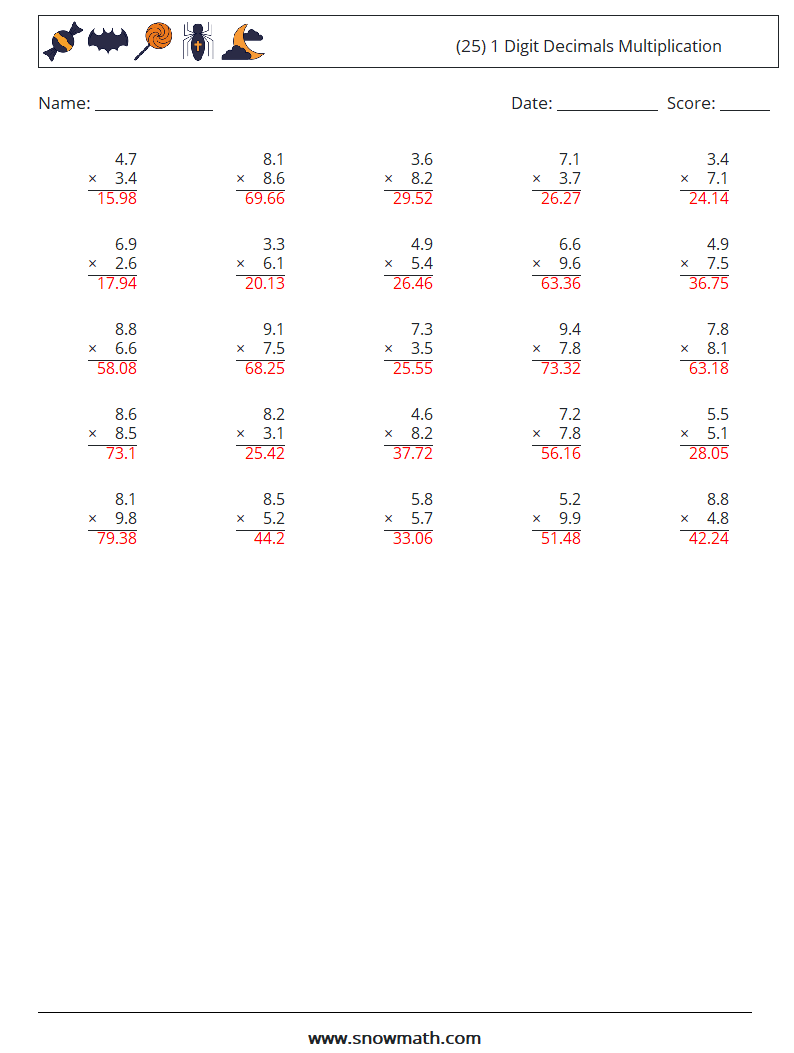 (25) 1 Digit Decimals Multiplication Maths Worksheets 16 Question, Answer