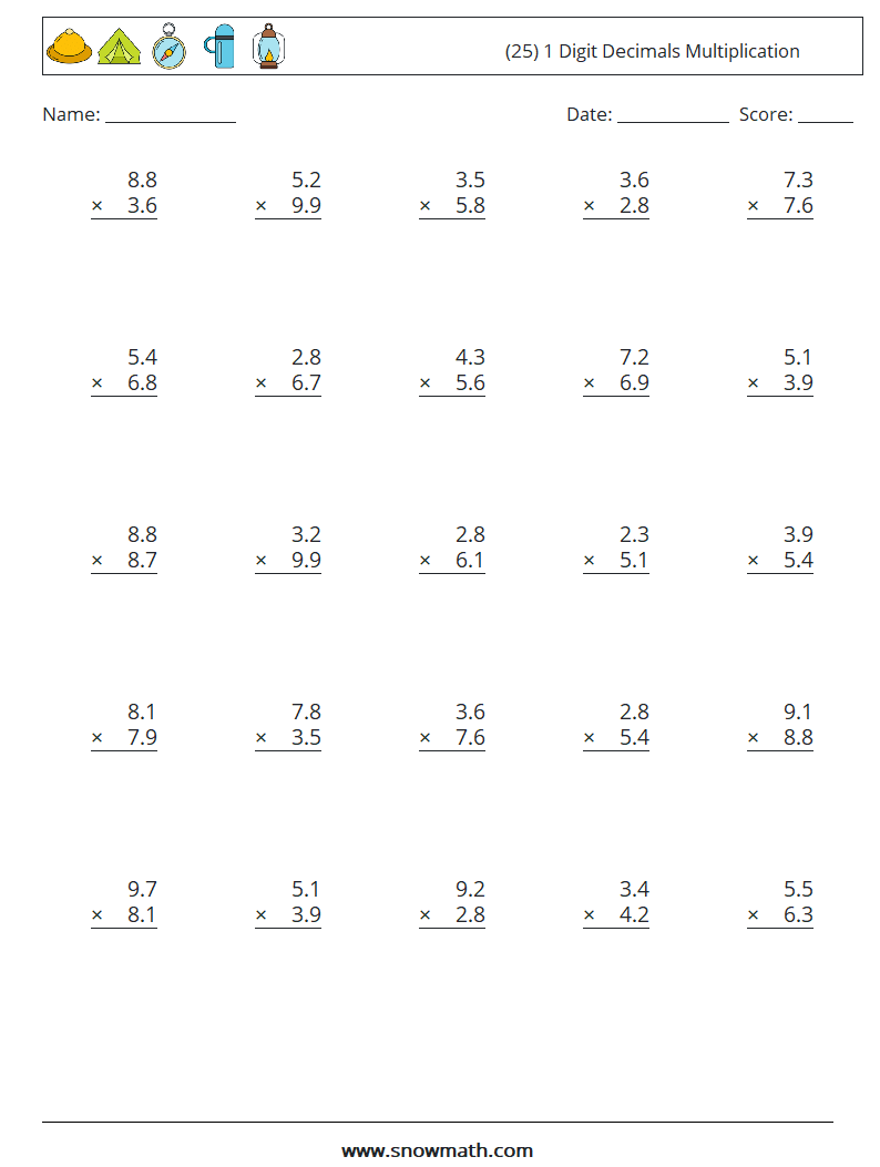 (25) 1 Digit Decimals Multiplication Maths Worksheets 18