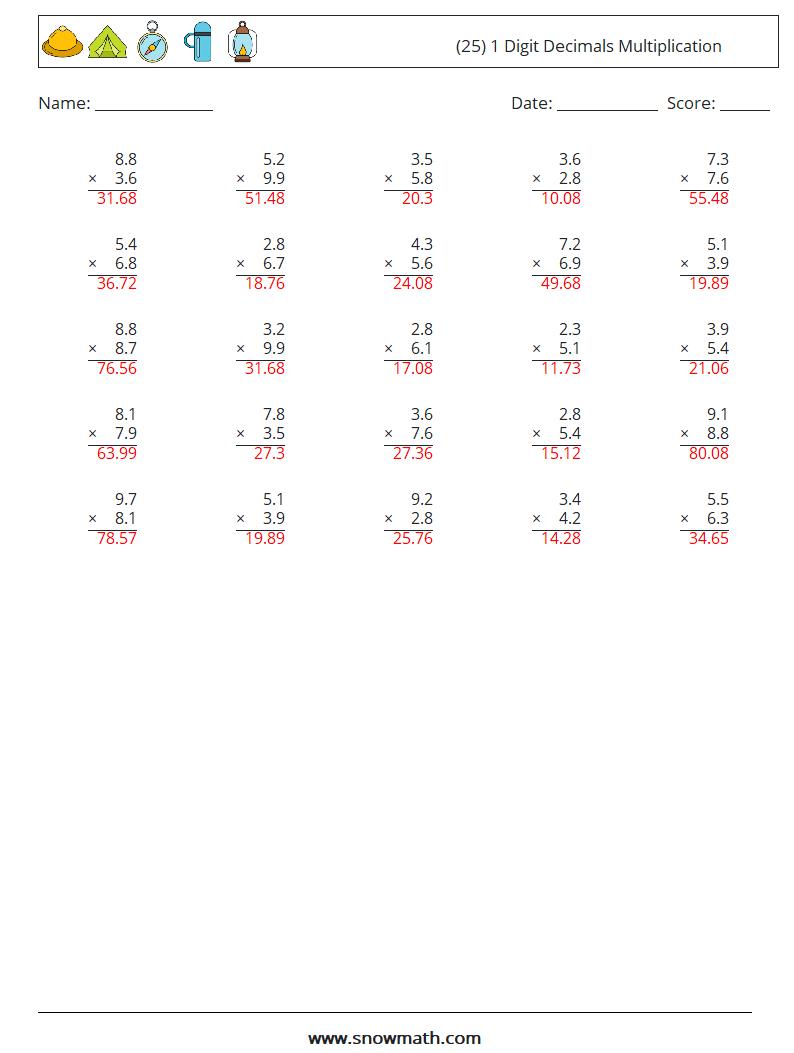 (25) 1 Digit Decimals Multiplication Maths Worksheets 18 Question, Answer