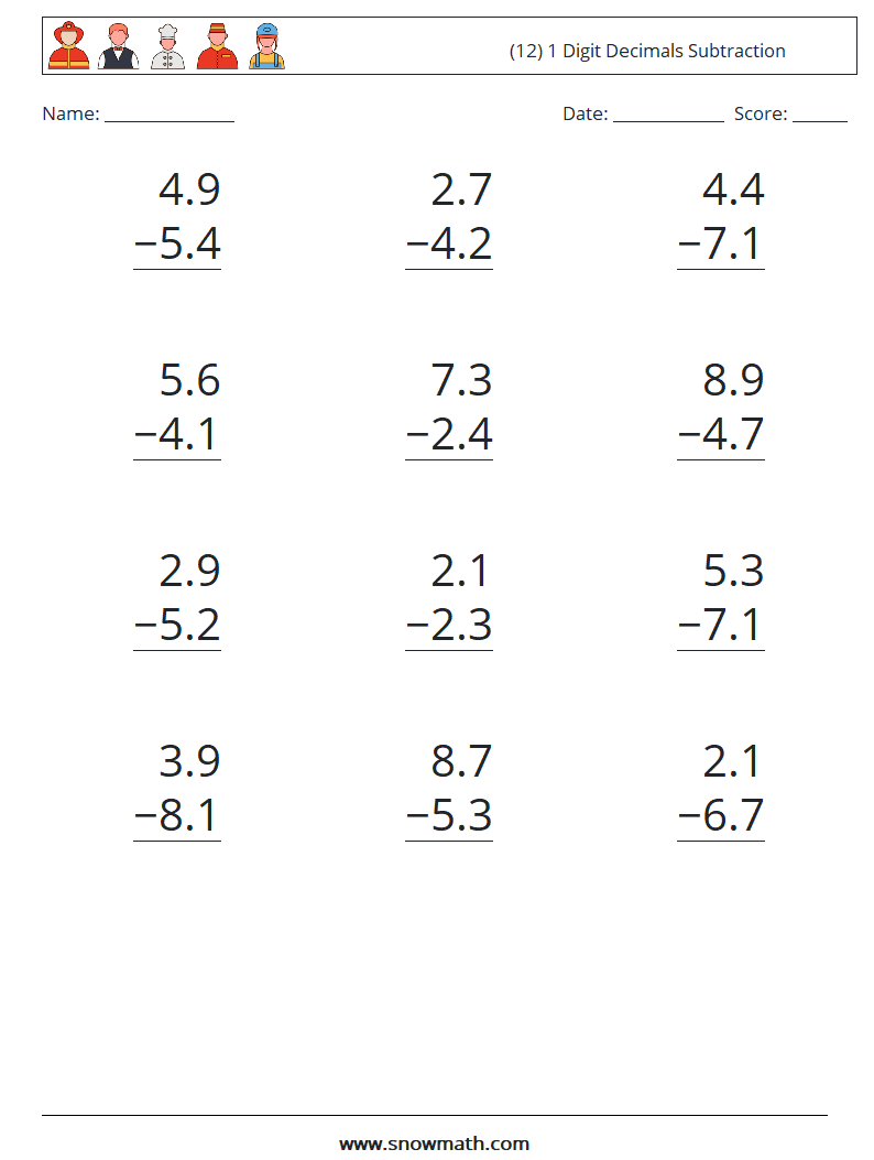 (12) 1 Digit Decimals Subtraction Maths Worksheets 13