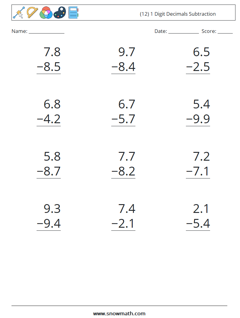 (12) 1 Digit Decimals Subtraction Maths Worksheets 14