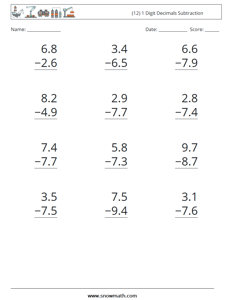 (12) 1 Digit Decimals Subtraction Maths Worksheets 15