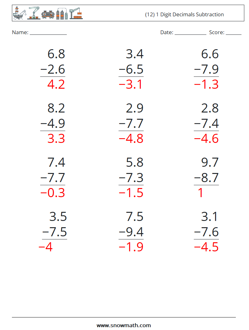(12) 1 Digit Decimals Subtraction Maths Worksheets 15 Question, Answer