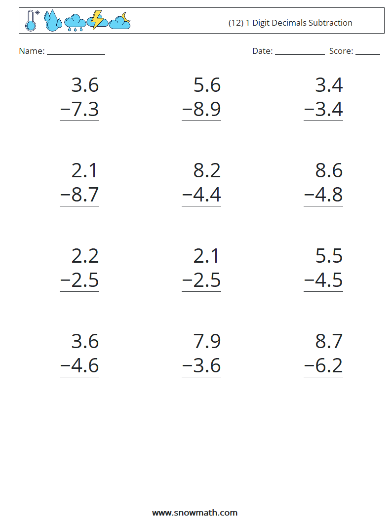 (12) 1 Digit Decimals Subtraction Maths Worksheets 16